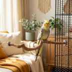 Parrot perch mounted on cage with cockatiel