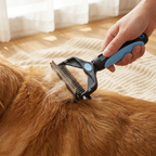 Deshedding brush in use on dog