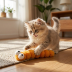 Kitten playing with caterpillar toy