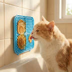 Licking plate suctioned to bathtub with cat