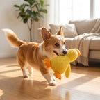 Dog playing with stomping duck toy
