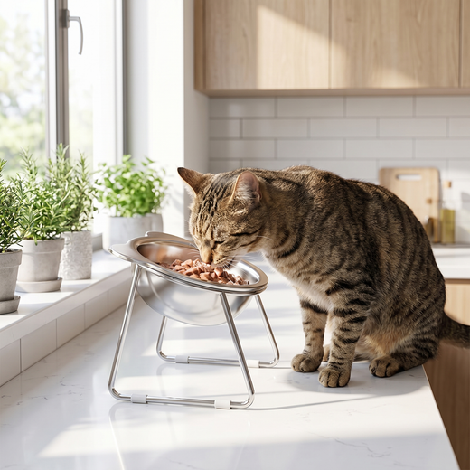 Cat eating from tilted raised bowl