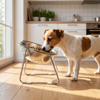 Small dog eating from tilted raised bowl