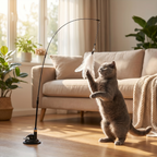 Cat batting at feather teaser wand