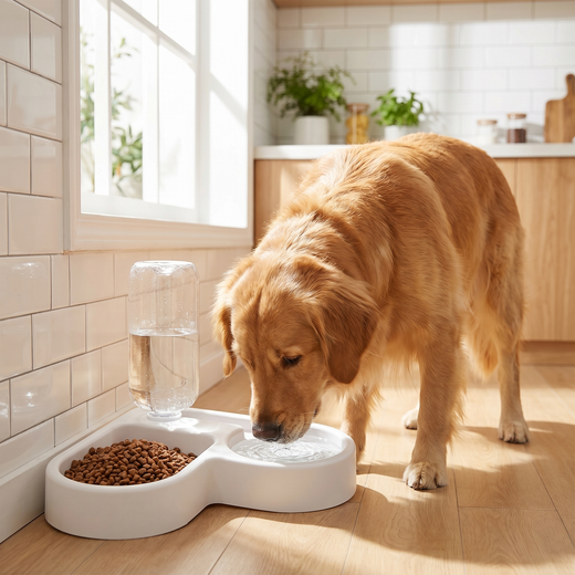Dog drinking from gravity water bowl