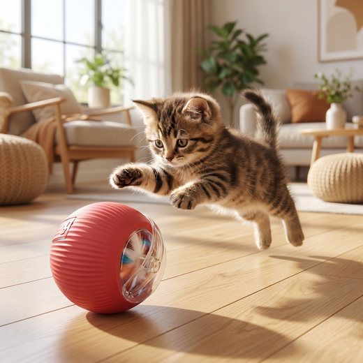 Kitten pouncing on rolling feather ball toy