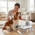 Grooming a dog with pet grooming vacuum kit